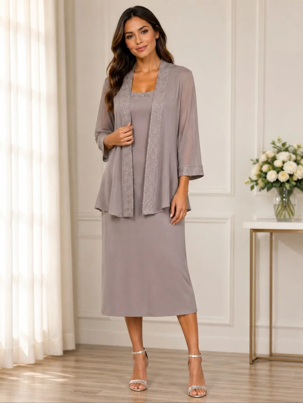 R&M Richards Size 12 Taupe Shimmer Trim Dress & Sheer Sleeve Jacket Set EUC
